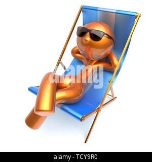 Uomo relax spensierato personaggio stilizzato agghiaccianti spiaggia sdraio occhiali da sole il comfort estivo golden cartoon persona sdraio chaise lounge tourist s Foto Stock