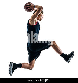 Un caucasian giocatore di basket uomo isolato in silhouette ombra su sfondo bianco Foto Stock