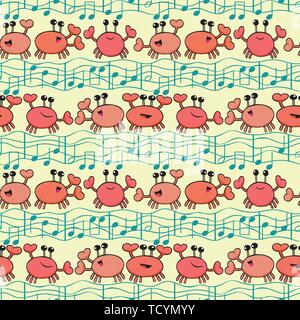 Funky cartoon arancione crabs con doodle onde e note musicali. Vettore di Seamless pattern luce su sfondo giallo. Ottima per i bambini, compleanno, bagno Illustrazione Vettoriale