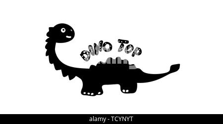 Bambini stampare silhouette di un dinosauro in stile scarabocchio. Dino nera con la scritta Dino Top. La frase, iscrizione, font. Per stampe su Illustrazione Vettoriale