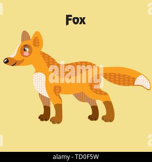 Colorato contorno decorativo carino Red Fox in piedi nel profilo. Animali selvatici ed uccelli vettore piana del fumetto illustrazione in colori diversi isolati su Illustrazione Vettoriale