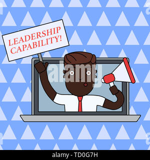 Scrittura testo scrittura di capacità di leadership. Foto concettuale quello che un leader può sviluppare la capacità di condurre efficacemente l uomo che parla attraverso Laptop Scre Foto Stock