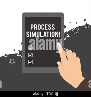 Testo della scrittura la simulazione di processo. Foto concettuale rappresentazione tecnica fabbricato lo studio di un sistema mano femmina bianca con chiodi lucidato colo Foto Stock