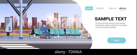 Imprenditore moderno salotto fermata bus african american business man con la valigia in attesa del trasporto pubblico su airport station cityscape piatto di sfondo Illustrazione Vettoriale