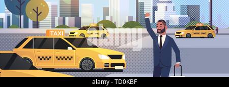 Imprenditore la cattura di taxi sulla strada amerian africana uomo d affari con bagagli arrestando yellow cab city servizio di trasporto concetto cityscape Illustrazione Vettoriale