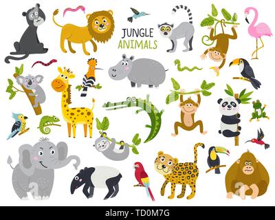 Grande set di simpatici animali da giungla. Elementi isolati per gli adesivi, cartoline, inviti e poster Illustrazione Vettoriale