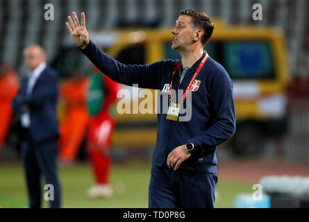 A Belgrado, in Serbia. Decimo Giugno, 2019. La Serbia il capo allenatore Mladen Krstajic gesti durante il Campionato Europeo 2020 turno di qualificazione partita di calcio tra la Serbia e la Lituania a Belgrado in Serbia, il 10 giugno 2019. La Serbia ha vinto 4-1. Credito: Predrag Milosavljevic/Xinhua/Alamy Live News Foto Stock