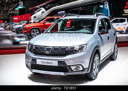 Ginevra, Svizzera, Marzo 06, 2019: DACIA SANDERO a Ginevra International Motor Show, seconda generazione, Automobile Dacia booth, auto rumeno Foto Stock