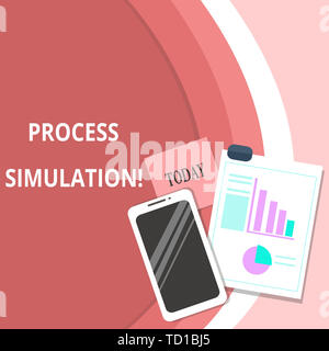 Testo della scrittura la simulazione di processo. Foto concettuale rappresentazione tecnica fabbricato Studio di un layout del sistema spegnere lo smartphone Sticky Notes Clipboa Foto Stock