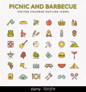 Icone web picnic e barbecue. Set di simboli di linee colorate per il tema delle attività ricreative all'aperto. Raccolta di elementi di contorno isolati su sfondo bianco. Illustrazione Vettoriale