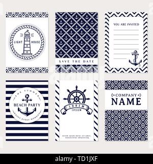 Set di nautica e marine banner e volantini. Eleganti modelli di scheda in bianco e blu navy colori. Il tema del mare. Vettore Collezione. Illustrazione Vettoriale