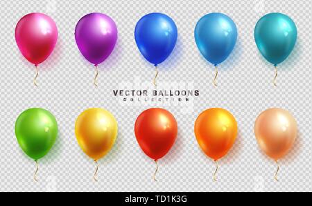 Set di palloncini colorati su uno sfondo trasparente. Oggetti vettoriali in stile realista. Illustrazione Vettoriale
