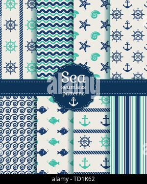 Set di mare e nautica seamless patterns in bianco, turchese e colori blu scuro. Illustrazione Vettoriale. Illustrazione Vettoriale