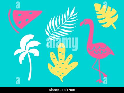 Raccolta tropicali per il summer party in spiaggia esotica foglie, alberi, fenicotteri e frutti. Progettazione di vettore di elementi isolati su sfondo bianco Illustrazione Vettoriale