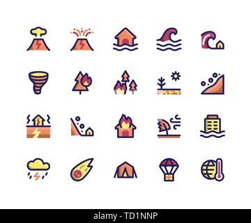 Semplice insieme di disastro vettore correlati riempito le icone della linea. Contiene le icone come vulcano, eruzione, inondazione, wave, tsunami e più. pixel vettore perfetto Illustrazione Vettoriale