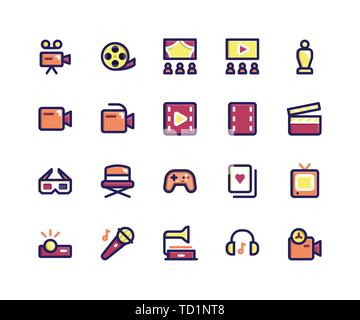Semplice set di intrattenimento vettore correlati riempito le icone della linea. Contiene le icone come fotocamera, cinema, teatro, filmina trofeo e più perfetto di pixel Illustrazione Vettoriale