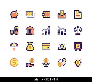 Semplice insieme di Finanziaria vettore correlati riempito le icone della linea. Contiene le icone come piggy, denaro, portafogli, Bill, monete e più. pixel perfetta icona vettore Illustrazione Vettoriale