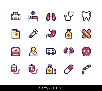 Semplice insieme di medici vettore correlati riempito le icone della linea. Contiene le icone come ospedale, medici, polmoni, medico, denti e più. pixel vettore perfetto Illustrazione Vettoriale
