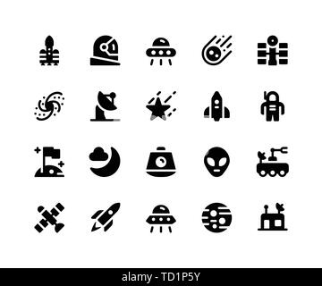 Semplice insieme di relativi allo spazio vettoriale icone glyph. Contiene le icone come un razzo, astronauta, Alien, Comet, satellite e più. pixel perfette icone vettoriali Illustrazione Vettoriale