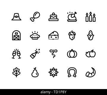 Semplice insieme di ringraziamento relative linea del vettore icone. Contiene le icone come pellegrino hat, ala di pollo, torta, candele, granaio e più perfetto di pixel ve Illustrazione Vettoriale