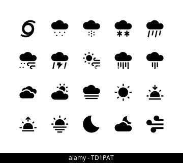 Semplice insieme di previsioni relative vettore icone glyph. Contiene le icone come cloud, nevischio neve, pioggia, vento, tuoni e più. pixel perfette icone vettoriali Illustrazione Vettoriale