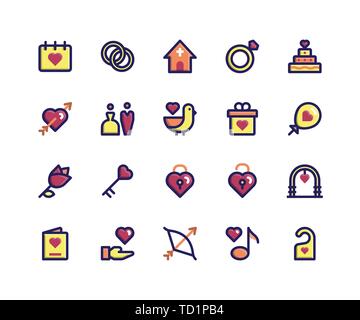 Semplice insieme di nozze vettore correlati riempito le icone della linea. Contiene le icone come data, anello, chiesa, torta, arco e più. pixel perfette icone vettoriali bas Illustrazione Vettoriale