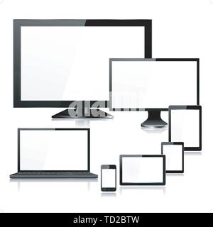 Altamente realistica dettagliata mobile computer e periferiche con il computer portatile, TV, schermo, tablet pc mini tablet e smartphone - singolarmente a ciascun dispositivo g Illustrazione Vettoriale
