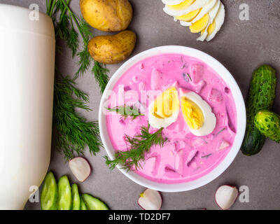 Yogurt freddo minestra con bietole, cetrioli, aneto, patate su sfondo di calcestruzzo Foto Stock