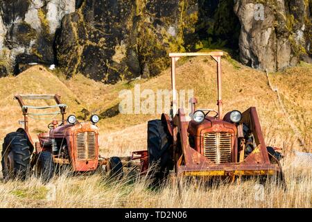 Tipico paesaggio islandese tra Vik e Joekulsarlon in Islanda, l'Europa. Foto Stock