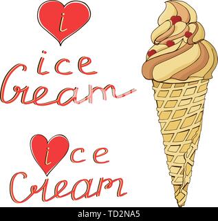 Set di vettore disegnati a mano il gelato in cono di cialda e calligrafia frasi isolate su sfondo bianco. Schizzo di colore dell'immagine. Estate design lineare Illustrazione Vettoriale