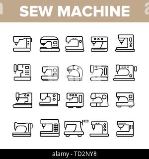 Macchine per cucire, attrezzature su misura lineare del vettore set di icone Illustrazione Vettoriale