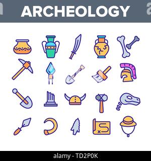 Strumenti archeologici e scavi lineari vettoriali set di icone Illustrazione Vettoriale