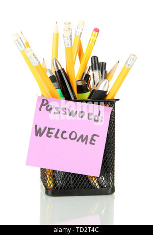 Password ricorda e forniture per ufficio, isolato su bianco Foto Stock