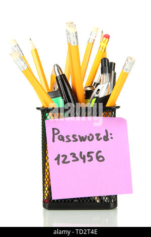 Password ricorda e forniture per ufficio, isolato su bianco Foto Stock