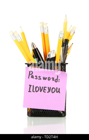 Password ricorda e forniture per ufficio, isolato su bianco Foto Stock