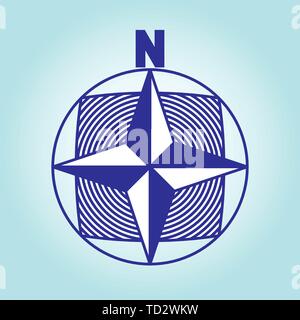 Orientamento del cardinale le direzioni. Un concetto moderno di bussola, mappa e qualsiasi viaggio. Blu e bianco. Illustrazione Vettoriale su sfondo azzurro. Illustrazione Vettoriale