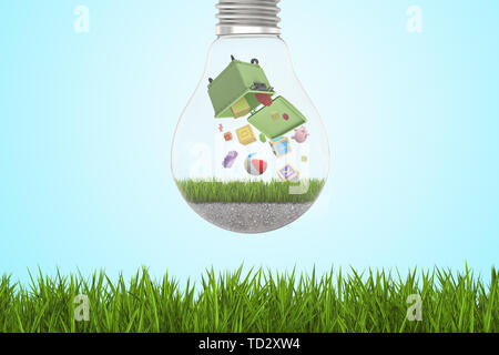 3D rendering di alfabeto blocchi giocattolo e le sfere di cadere fuori del verde cestino all'interno della lampadina sull'erba verde e blu sullo sfondo del cielo Foto Stock