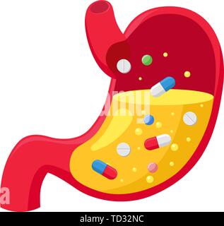 Pillole compresse a stomaco umano con acido gastrico succo. Assumere un farmaco per via orale. Trattamento medico dipendenza da farmaci concetto. Eps vettoriali mal piatta Illustrazione Vettoriale