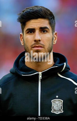 MADRID, Spagna - 10 giugno: Marco Asensio di Spagna sembra a prima di procedere con l'UEFA EURO 2020 qualifier match tra la Spagna e la Svezia a Santiago Bernabeu il 10 giugno 2019 a Madrid, Spagna. (Foto di David Aliaga/MB Media) Foto Stock