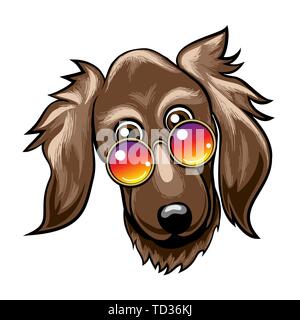 Disegnata a mano carino divertente muso di cane in colore Arcobaleno bicchieri. Illustrazione Vettoriale Illustrazione Vettoriale