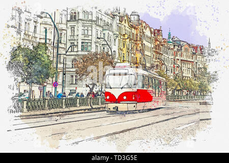 Disegno ad acquerello o illustrazione di un tradizionale vecchio tram su una strada di Praga nella Repubblica Ceca. Foto Stock