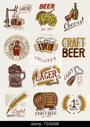 Bottiglia di birra in mano con la scritta Cheers toast. Segale e grano. Set di etichette vintage e badge per poster. Disegnato a mano disegno inciso per Illustrazione Vettoriale