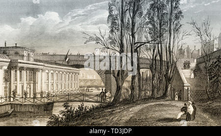 Bains Vigier, il Pavillon de Flore, Louvre, Parigi, antichi di acciaio inciso stampa, 1831 Foto Stock