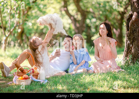 Famiglia giovane seduto sull'erba durante un picnic in un parco e divertirsi. Cestino con il pasto, frutta e giocattoli per i bambini Foto Stock