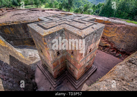 Scavato nella roccia chiesa monolitica di Bet Giyorgis (Chiesa di San Giorgio) in Lalibela , Etiopia Foto Stock