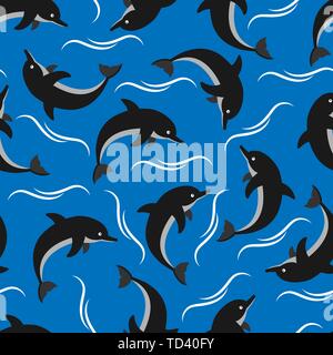 Modello senza soluzione di continuità con i delfini sulle onde. Ideale per prodotti tessili, confezione, carta stampa, semplice sfondi e texture. Illustrazione Vettoriale