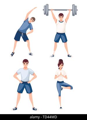 Insieme di persone in sportswear fare fitness e forza di esercizio. Cartoon character design. Appartamento illustrazione vettoriale. Illustrazione Vettoriale