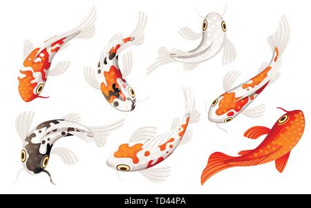 Set di carpe Koi simbolo giapponese di fortuna fortune prosperità rosso e nero punteggiato di carpe koi cartoon piatta illustrazione vettore isolato su sfondo bianco Illustrazione Vettoriale
