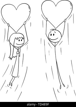 Vector cartoon stick figura disegno illustrazione concettuale del paio di donna e uomo in amore azienda grande cuore gonfiabile palloncino e volare insieme. Illustrazione Vettoriale