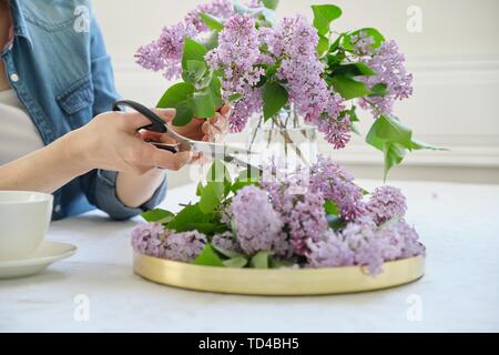 Donna che fa il mazzo di rami di lilla, close-up disponendo femmina mazzo di fiori in vaso al tavolo vicino alla finestra Foto Stock